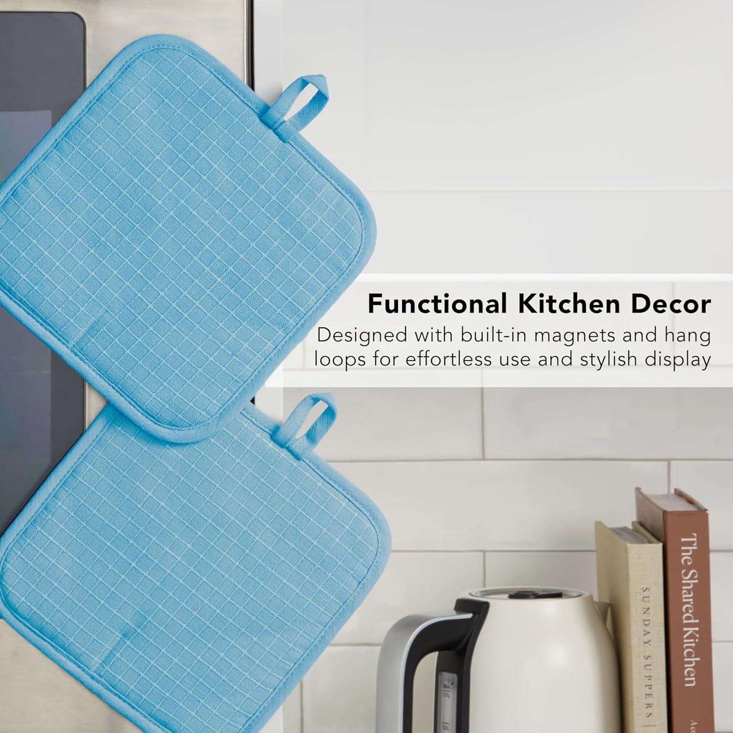 imageKITCHENAID Gourmet Series Gridlines Pot Holders 2Pack Set Heat Resistant up to 600F Soft Silicone Grip Magnetic Cuff Mineral Water Aqua 8x8Blue Velvet