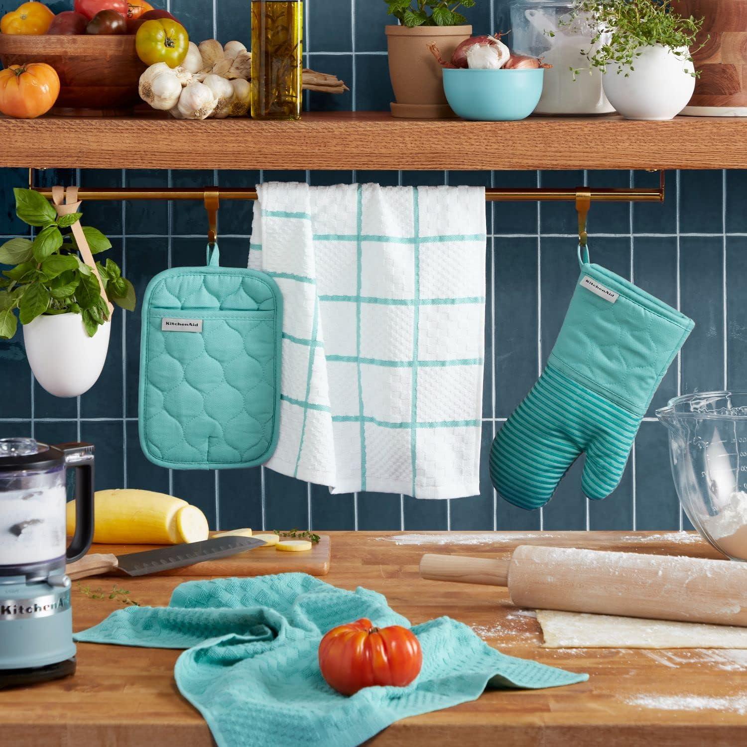 imageKITCHENAID Quilted Cotton Terry Cloth Oven Mitt Pot Holder Kitchen Towel 4Pack Set Heat Resistant Silicone Grip 16x26 7x13 amp 7x10 Butter YellowAqua Sky