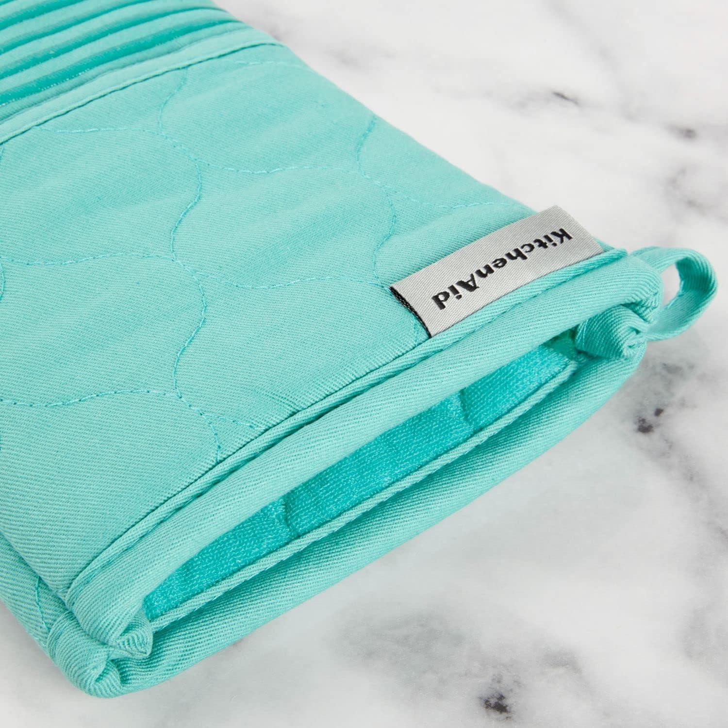 imageKITCHENAID Quilted Cotton Terry Cloth Oven Mitt Pot Holder Kitchen Towel 4Pack Set Heat Resistant Silicone Grip 16x26 7x13 amp 7x10 Butter YellowAqua Sky