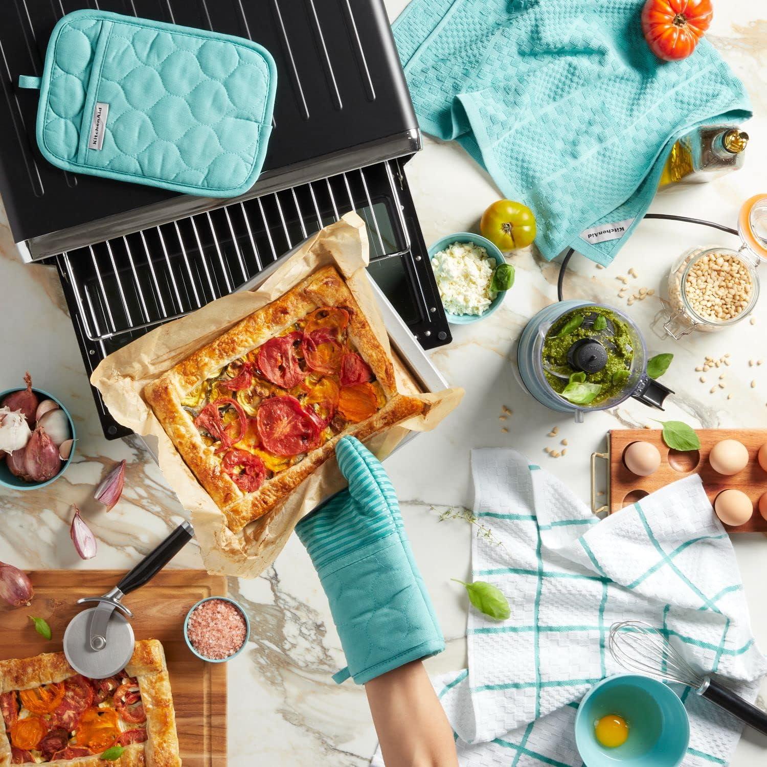 imageKITCHENAID Quilted Cotton Terry Cloth Oven Mitt Pot Holder Kitchen Towel 4Pack Set Heat Resistant Silicone Grip 16x26 7x13 amp 7x10 Butter YellowAqua Sky