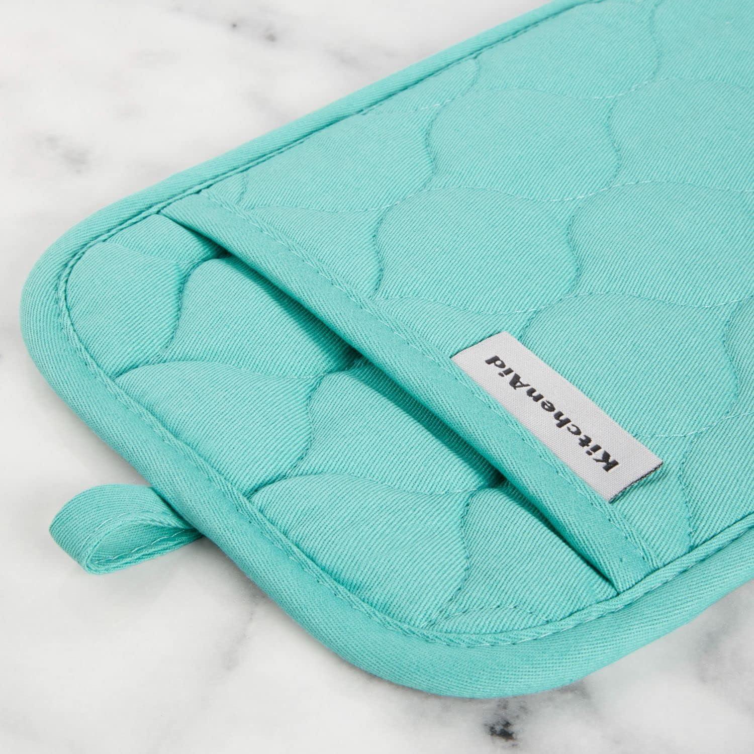 imageKITCHENAID Quilted Cotton Terry Cloth Oven Mitt Pot Holder Kitchen Towel 4Pack Set Heat Resistant Silicone Grip 16x26 7x13 amp 7x10 Butter YellowAqua Sky