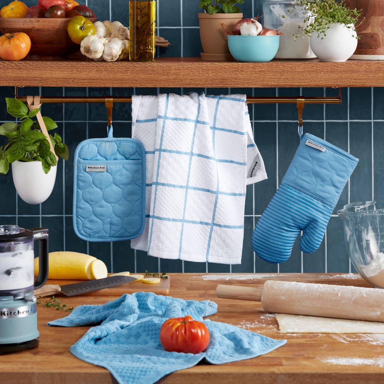 imageKITCHENAID Quilted Cotton Terry Cloth Oven Mitt Pot Holder Kitchen Towel 4Pack Set Heat Resistant Silicone Grip 16x26 7x13 amp 7x10 Butter YellowBlue Velvet