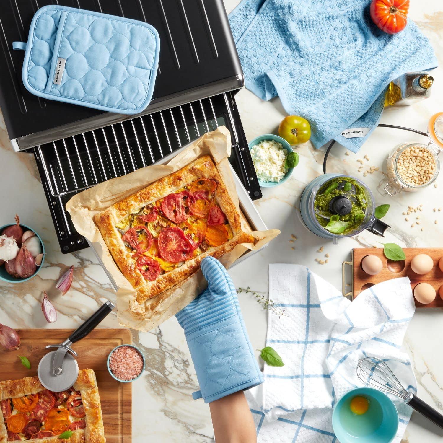 imageKITCHENAID Quilted Cotton Terry Cloth Oven Mitt Pot Holder Kitchen Towel 4Pack Set Heat Resistant Silicone Grip 16x26 7x13 amp 7x10 Butter YellowBlue Velvet