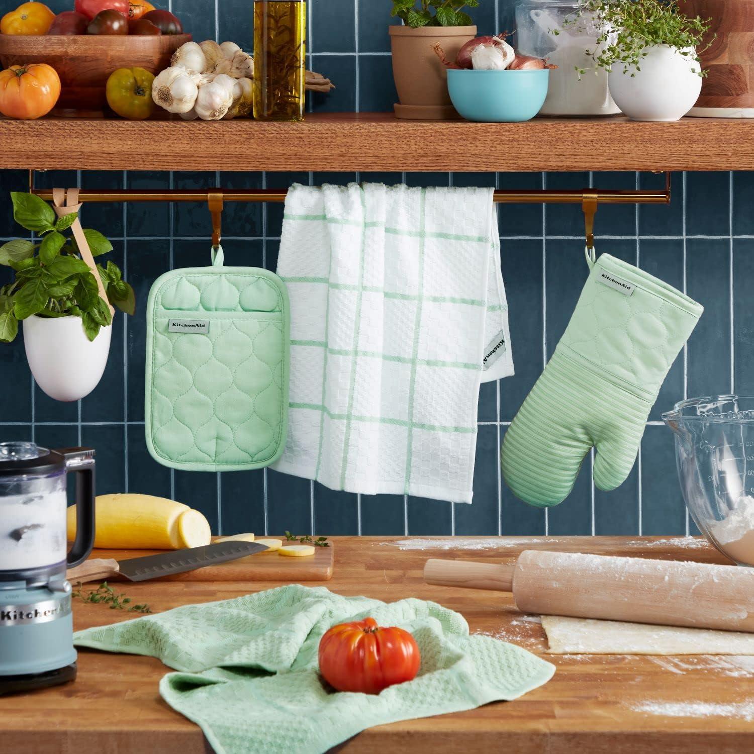 imageKITCHENAID Quilted Cotton Terry Cloth Oven Mitt Pot Holder Kitchen Towel 4Pack Set Heat Resistant Silicone Grip 16x26 7x13 amp 7x10 Butter YellowPistachio