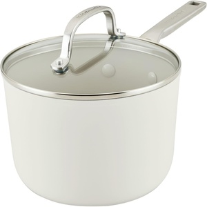 KitchenAid Hard Anodized Ceramic Nonstick Cookware Saucepan with Lid, 3 Quart Non Stick Sauce Pan with Stainless Steel Handle – Porcelain White